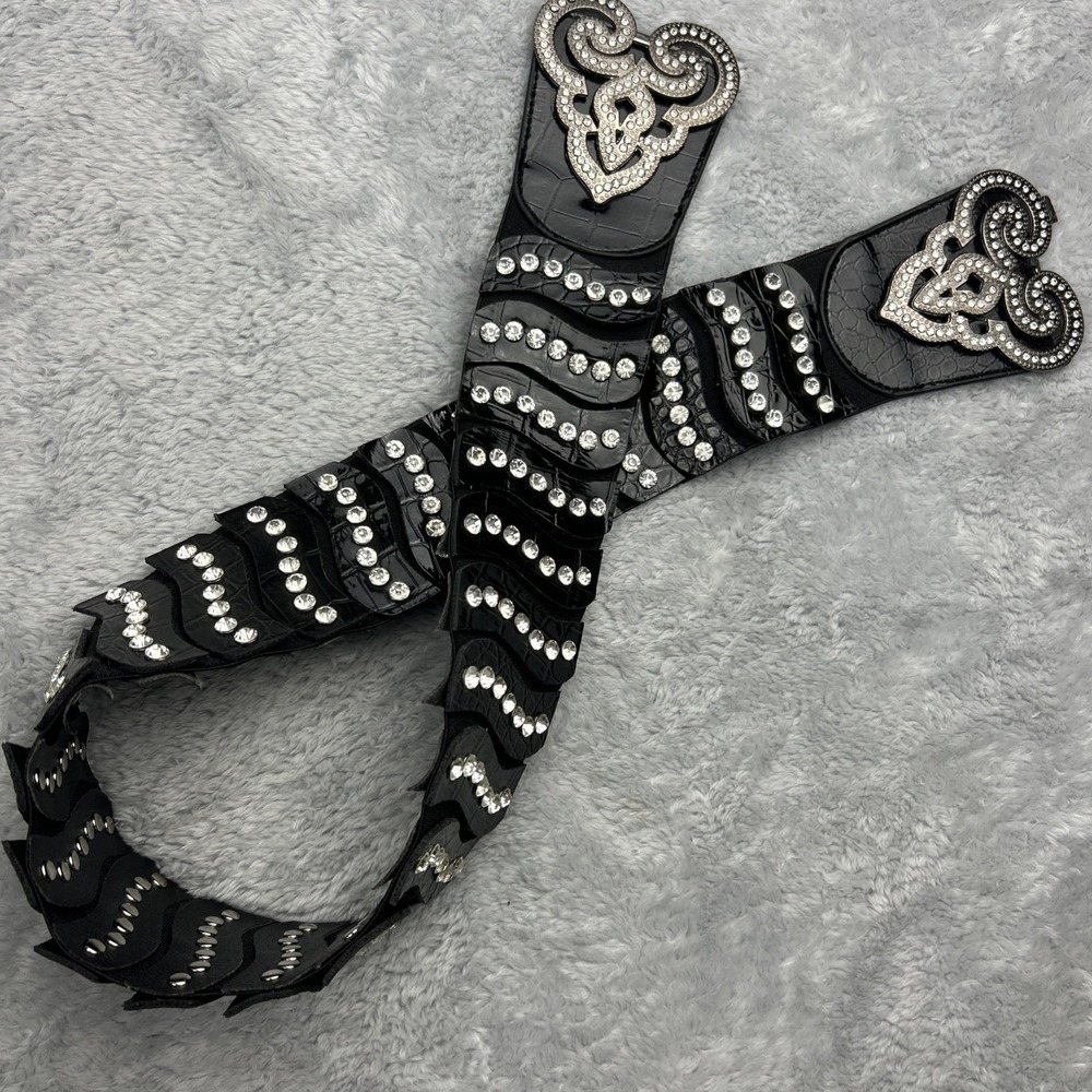 Western Stretchy Black Belt Croc Embossed Wide Rhinestone Studded One Size